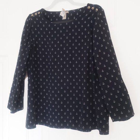 J Crew 100% Silk Nautical Blouse - Size 12 - Navy w/ Anchor Print - Picture 1 of 13